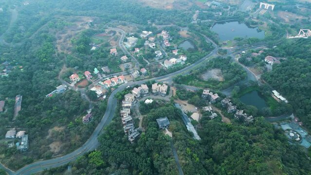 village view from above, Raigarh Fort, drone overview in Aamby Valley City, India, Pune