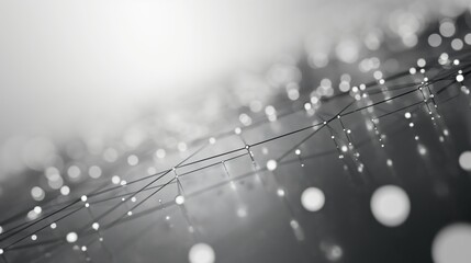 Abstract black and white image of interconnected nodes representing network or technology concept with defocused background.