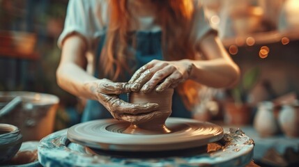 close up view of potter hands making pot with clay wheel