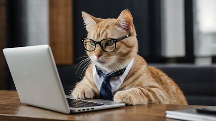 A cat wearing glasses laying and working on the laptop, office work from home concept
