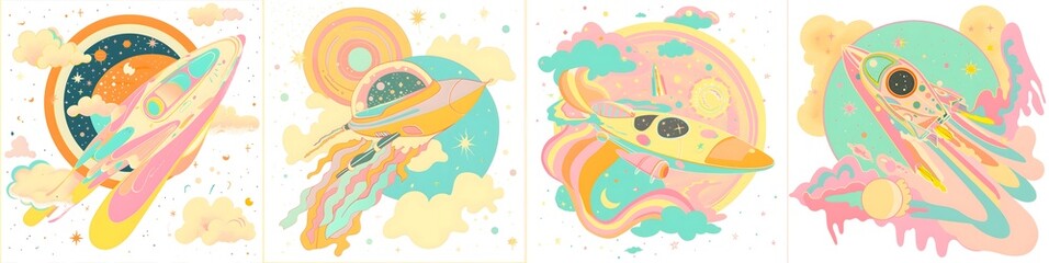 Spaceship, spacecraft Sticker and clipart in pastel color
