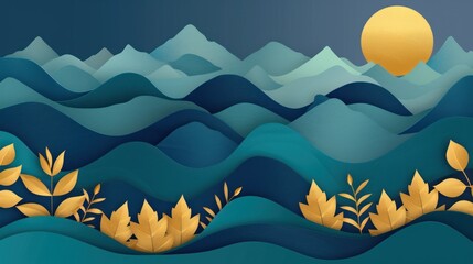 Abstract mountain range with golden sun, blue sky wallpaper