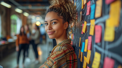 young woman with curly hair, wearing casual attire and smiling at the camera while standing in front of an office wall covered in colorful sticky notes modern open space office environment