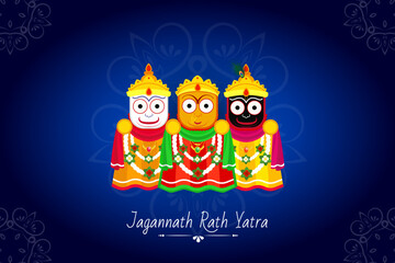 Rath yatra festival design concept with lord jagannath balabhadra and subhadra vector design