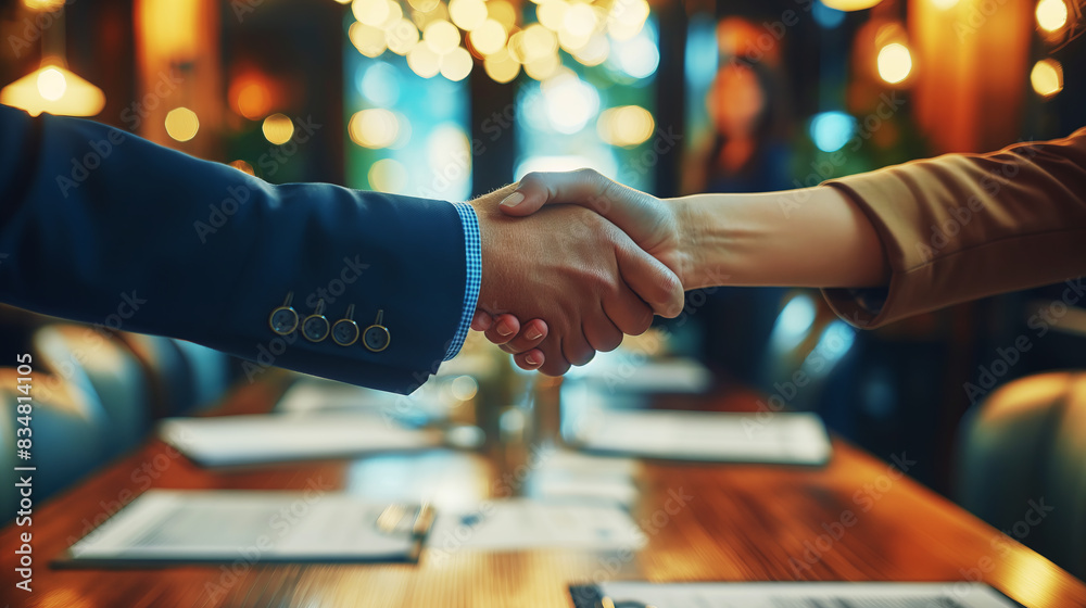 Poster a close-up of two people shaking hands, seen in a warm light with a bokeh background, symbolizing a 