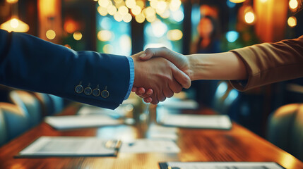 A close-up of two people shaking hands, seen in a warm light with a bokeh background, symbolizing a business agreement. Generative AI - Powered by Adobe