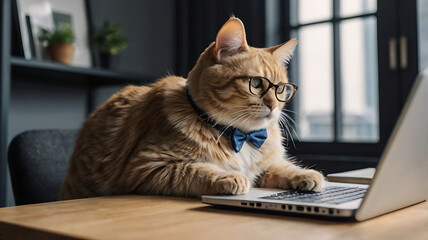 A cat wearing glasses laying and working on the laptop, office work from home concept
