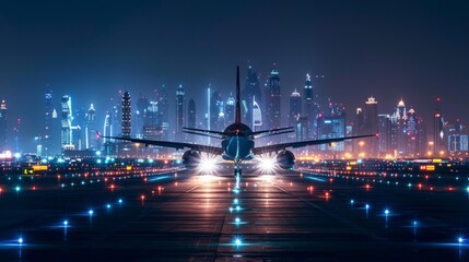 A large jet is on the runway in front of a city