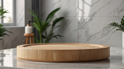 Light wooden empty round podium on a marble countertop on a white blurred background of the modern bathroom with house plants. Scene stage showcase for beauty and spa products