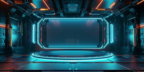 Obraz premium Wide, horizontal minimalistic, circular platform with slight cyber-tech enhancements, in a futuristic environment