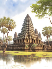 Fototapeta premium Angkor Cambodia Country Landscape Watercolor Illustration Art