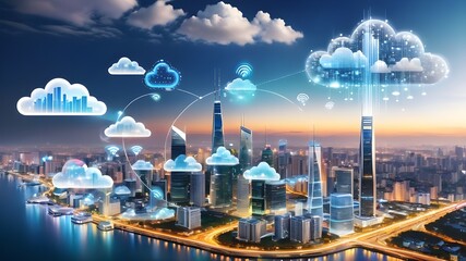 5G wireless network, high speed internet, cloud computing or connect diagram technology, Data storage, service, synchronize, online, financial, Connectivity global, smart city,