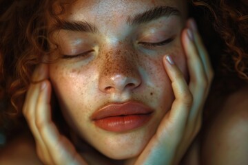 A close-up of a woman gently touching her face as she wakes up, her eyes still half-closed. Her expression is calm and serene, capturing the natural beauty of waking up. This image highlights the