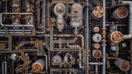 High-angle view of complex industrial pipeline system with various gauges, valves, and rusty metal pipes in a factory setting.