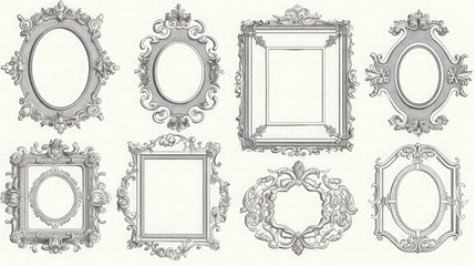 Set of various decorative Frames or borders. Different shapes. Photo or mirror frames. Vintage, retro design. Elegant, modern style. Hand drawn trendy Vector illustration. All elements are isolated.