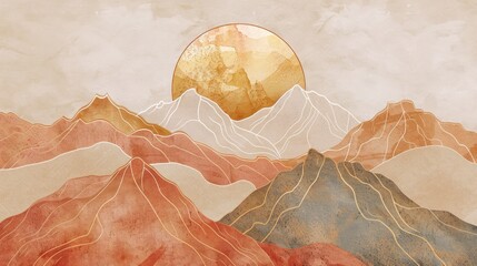 illustration of a mountain range with a rising sun wallpaper