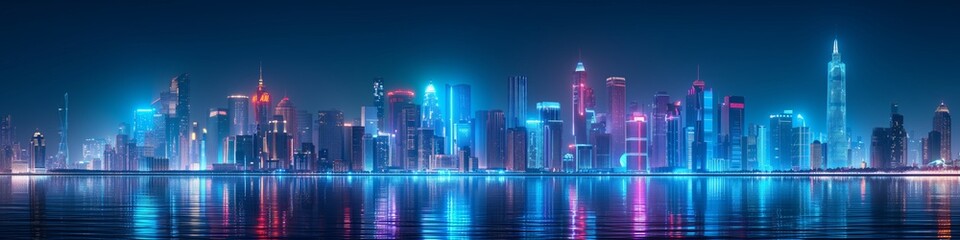 Futuristic City Skyline with Reflections at Night