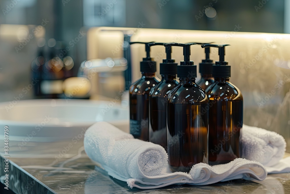 Poster close-up of sleek amber bottles of shampoo and conditioner, arranged on a white towel in a modern ba