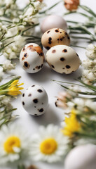 Easter quail eggs and springtime flowers over white background Spring holidays concept with copy spa