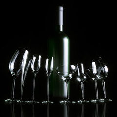 Wine Bottle and Assorted Glassware on Black Background