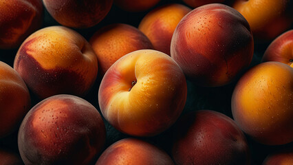 Background of ripe fragrant peaches, closeup with top view. Concept of fresh fruits, harvesting