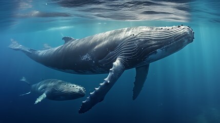 Mother and Calf Humpback Whale Swimming