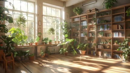 Fototapeta premium A serene teacher's lounge with lush plants, sunlight, organized bookshelves, and cozy seating areas.