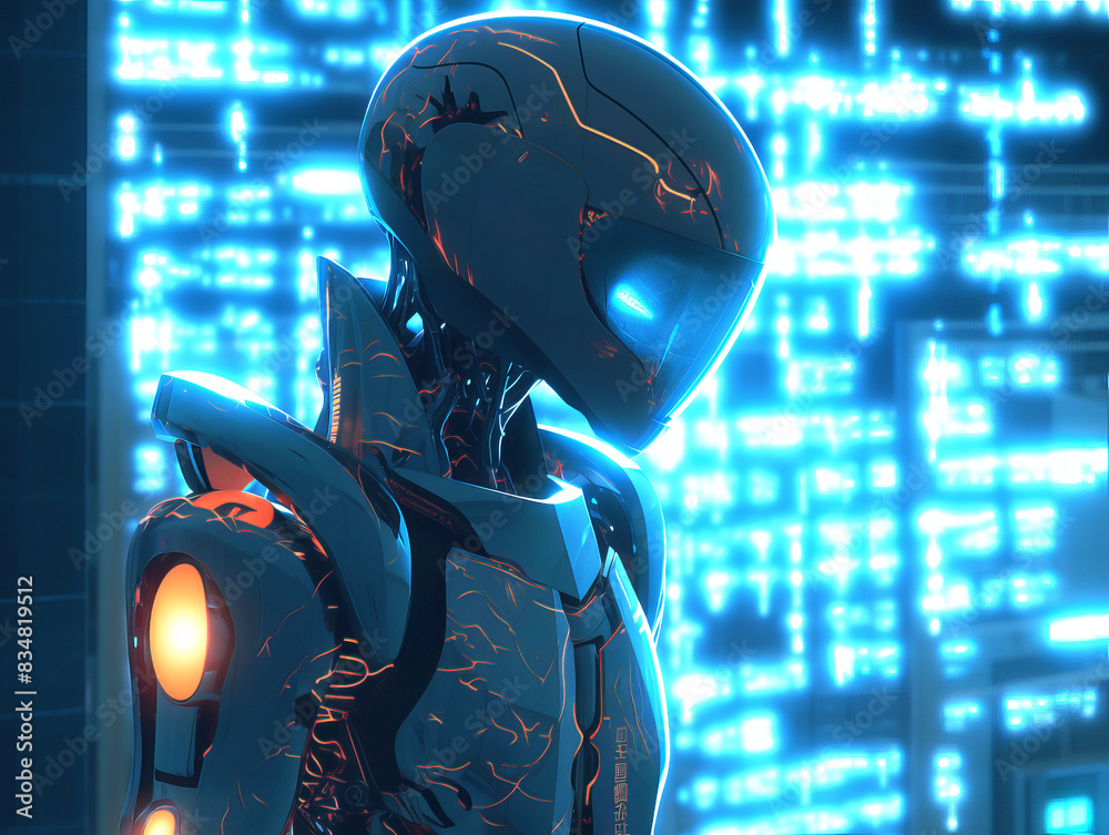 Poster A futuristic robot with glowing lines against a digital blue background, showcasing a concept of advanced technology. Generative AI