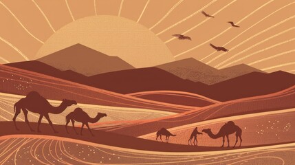 desert with camels and dunes wallpaper