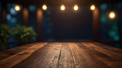 Empty dark wooden table top on blurred bar or restaurant background with warm lighting and plants. Banner with copy space. Template showcase scene for display, montage, advertising product.