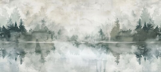 Abstract Wallpaper Evoking a Misty Forest Morning, with Soft Green and Grey Watercolor Washes