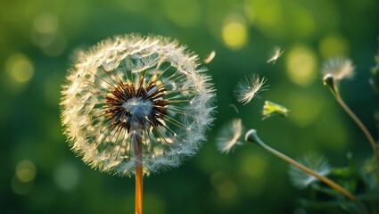 Obraz premium Dandelion seeds blowing in the wind background