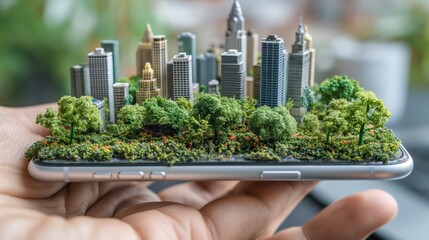 Person holding smartphone with miniature cityscape model featuring skyscrapers and trees, blending urban life with technology.
