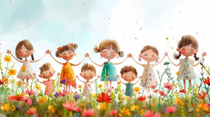Happy Children's Day banner with kids holding hands and smiling. 
