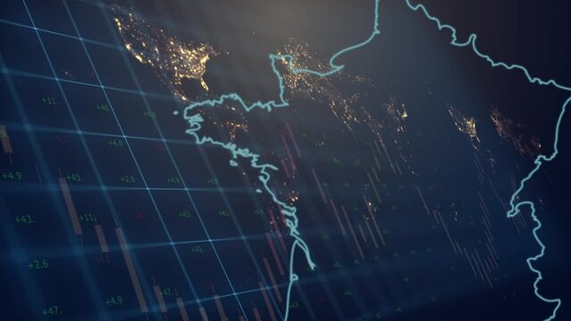 Cg footage from the territory of France with a fill from the flag against the backdrop of moving financial and economic graphs and charts against the backdrop of a world map
