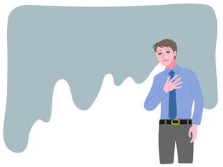 ネガティブな気持ちで落ち込んでいる若いビジネスマンの男性と重くのしかかる感情を表した背景のベクターイラストレーション