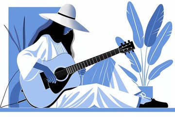 Stylized illustration of a woman in a hat playing an acoustic guitar while sitting next to plants.