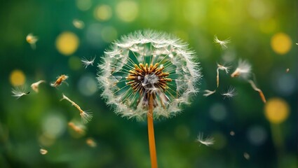 Obraz premium Dandelion seeds blowing in the wind background