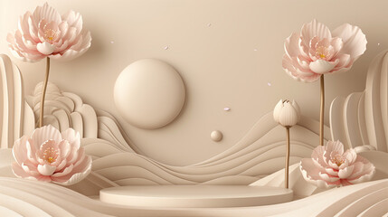 Front view of white podium with and flower in beige background for advertising , abstract content. Pedestal for cosmetic product and packaging mockups display presentation. empty stage.