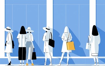 Stylized illustration of people shopping. Minimalist design with vibrant colors, highlighting fashion and modern lifestyle.