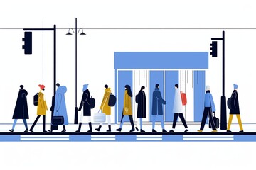 Stylized illustration of people walking in urban street at crosswalk. Modern city life and pedestrian concept.