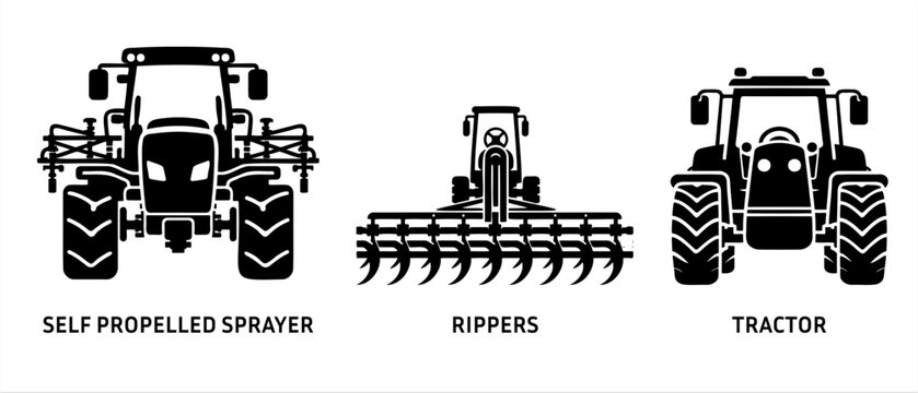 Agriculture machinery and Industrial transport vector icons. Agricultural vehicle front view silhouette black filled vector Illustration icon.