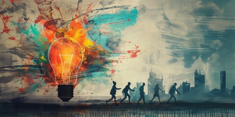 Surreal art depicting a large vibrant light bulb with a group of people walking towards it in a cityscape setting. Conceptual creativity and innovation.