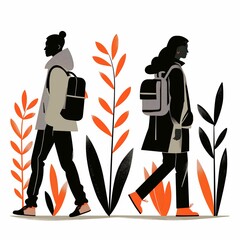 Vector illustration of two people walking with backpacks, surrounded by stylized branches and leaves in vibrant orange and black tones.