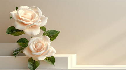 Obraz premium Front view of white podium with and flower in beige background for advertising , abstract content. Pedestal for cosmetic product and packaging mockups display presentation. empty stage. 
