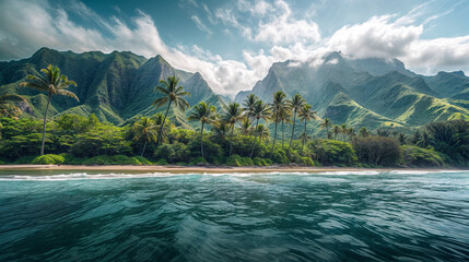 Tropical beach with palm trees, grassy ridge and crystal blue water.