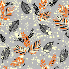 Orange black leaves seamless pattern. hand drawing. Not AI, Vector illustration