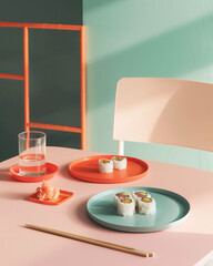 Product photo three plates of sushi and rolls on table in a restaurant or kitchen.