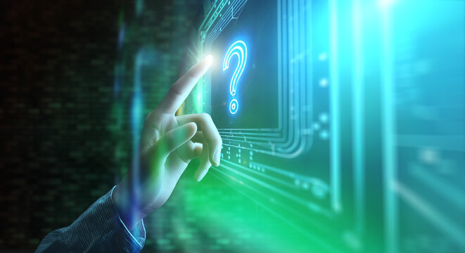 空中に出現した青緑の光るARのデジタルモニターのタッチパネルのクエスチョンマークのボタンを押す女性の手指　謎・不思議・テクノロジー・デジタル・スイッチ・はじまりの背景壁紙