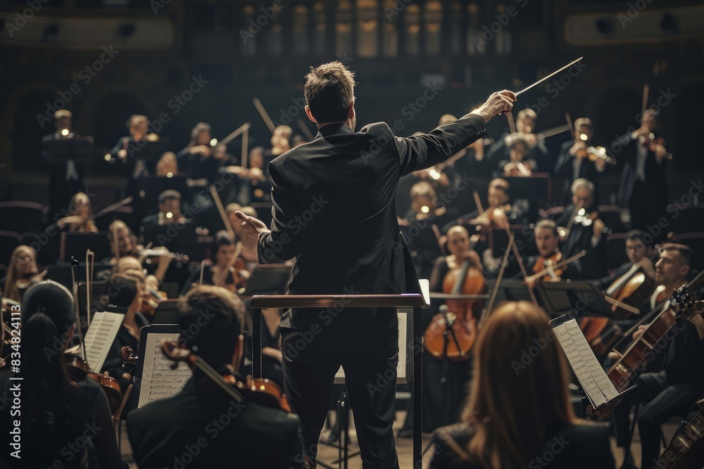 Wall mural A conductor stands on a podium, directing a large orchestra during a concert performance